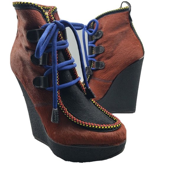 Dsquared womenAnkle Boot Pony Hair Wedge platform calf hair lace Size 9 39 new